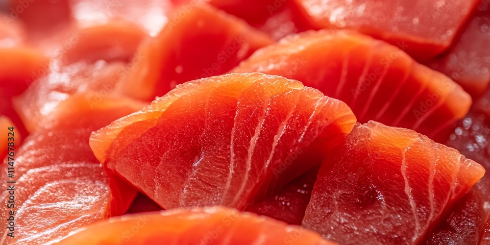Close up shot of fresh red fish slices displayed in a market. This vibrant red fish is showcased prominently, emphasizing the quality and appeal of red fish available for purchase. Close up shot of fresh red fish slices displayed in a market. This vibrant red fish is showcased prominently, emphasizing the quality and appeal of red fish available for purchase.