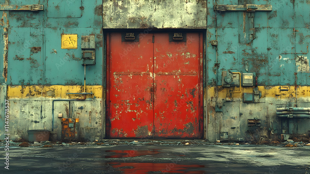 Rusty Red Door on a Weathered Wall - 3D Illustration Rusty Red Door on a Weathered Wall - 3D Illustration