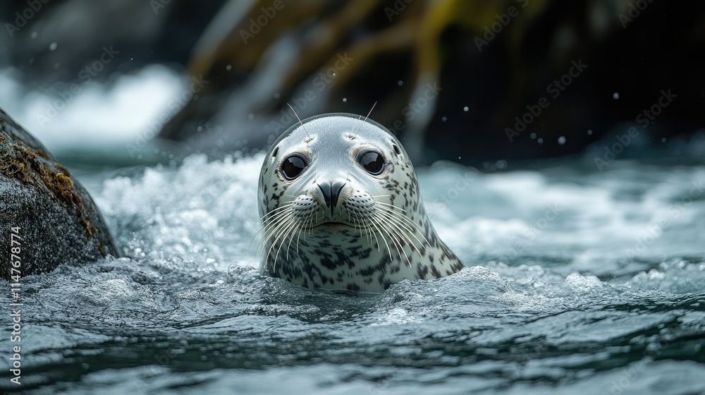 Obraz premium Spotted seal pup in ocean water, curious expression.