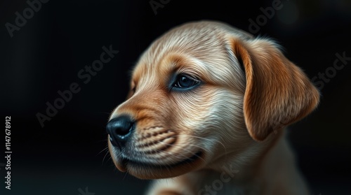 A small Labrador Retriever puppy enjoys a quiet moment, gently loosening up and exploring its environment with curiosity and playfulness photo