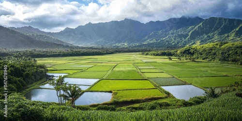 Lush taro fields stretch across scenic Hanalei Valley, showcasing the vibrant and rich agricultural landscape of taro cultivation in a breathtaking natural environment.