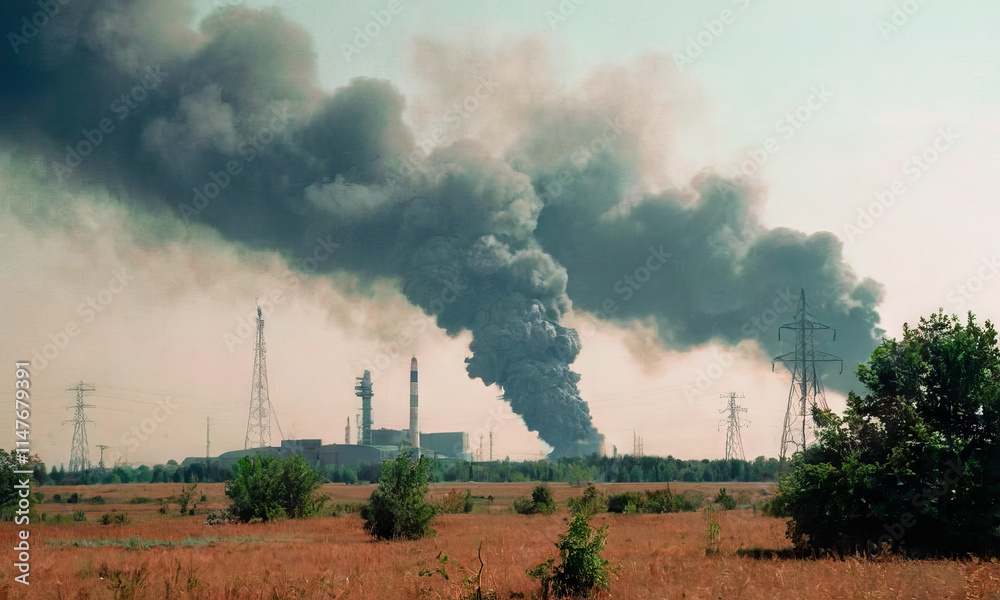 explosions and destruction in the city and in factories.Disaster illustration explosions and destruction in the city and in factories.Disaster illustration