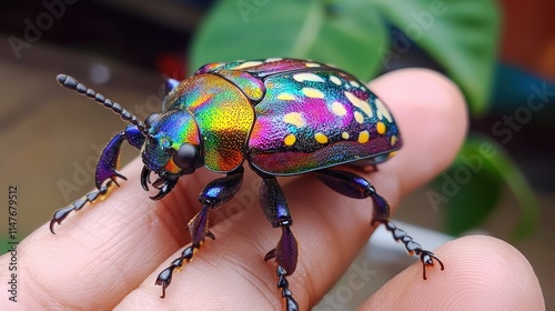 A Vibrant Jewel Beetle Perched On A Human Finger photo