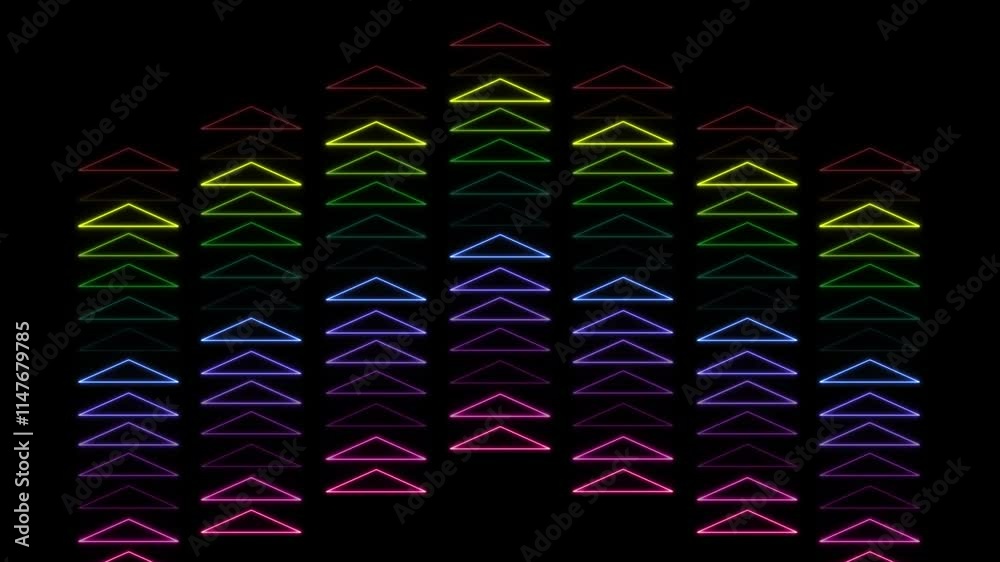 Simple neon glowing triangles or arrows direction up movement. Color changes and gradient rainbow video effect