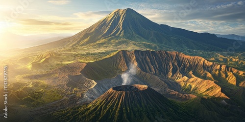 Sun shining over a majestic mountain, highlighting the volcanic landscape, creating a breathtaking view of the mountain s rugged beauty and volcanic features under the radiant sun. photo