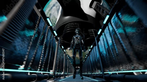 artificial intelligence agent robot walking in space exploration with earth and big space ship in background. Modern high technology science animation