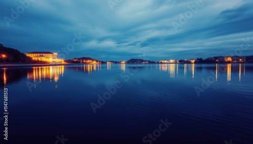 view of a lake with a bridge and buildings in the distance