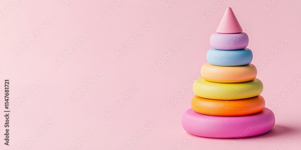 Pastel wooden kids pyramid banner on a pink background. This colorful kids pyramid toy is perfect for toddlers and stacking activities. High quality photo with ample copy space. Pastel wooden kids pyramid banner on a pink background. This colorful kids pyramid toy is perfect for toddlers and stacking activities. High quality photo with ample copy space.