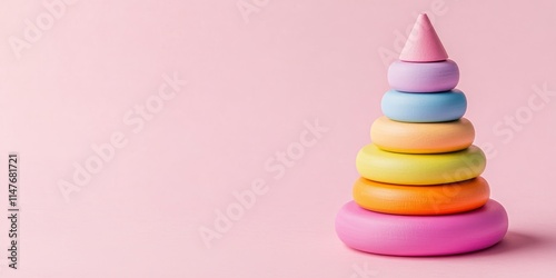 Pastel wooden kids pyramid banner on a pink background. This colorful kids pyramid toy is perfect for toddlers and stacking activities. High quality photo with ample copy space. photo