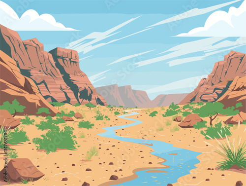 Illustrative Arid Landscape: Discover the Beauty of Dry Riverbeds in Animated Style