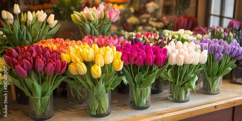 Wallpaper Mural Vibrant multicolored tulip bouquets displayed elegantly on a flower shop counter, showcasing the beauty and variety of tulips in a charming floral arrangement. Torontodigital.ca