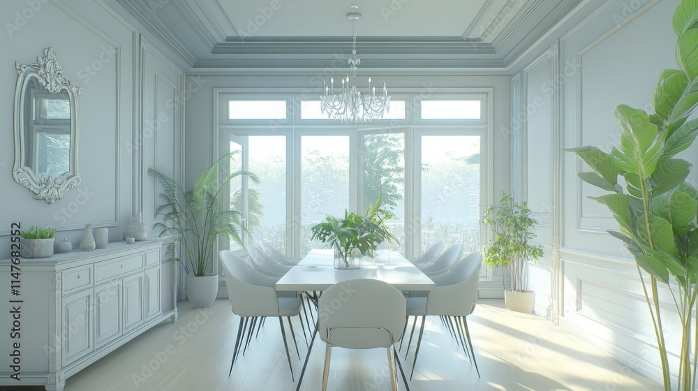 Fototapeta premium Bright dining room with white furniture, large windows, and plants.