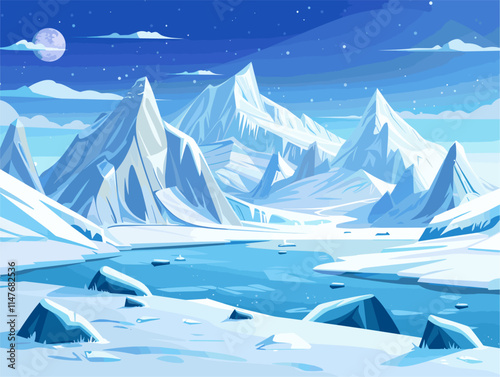 Nunatak Landscape: Rocky Peaks Protrude from Glaciers in Animated Illustration Style