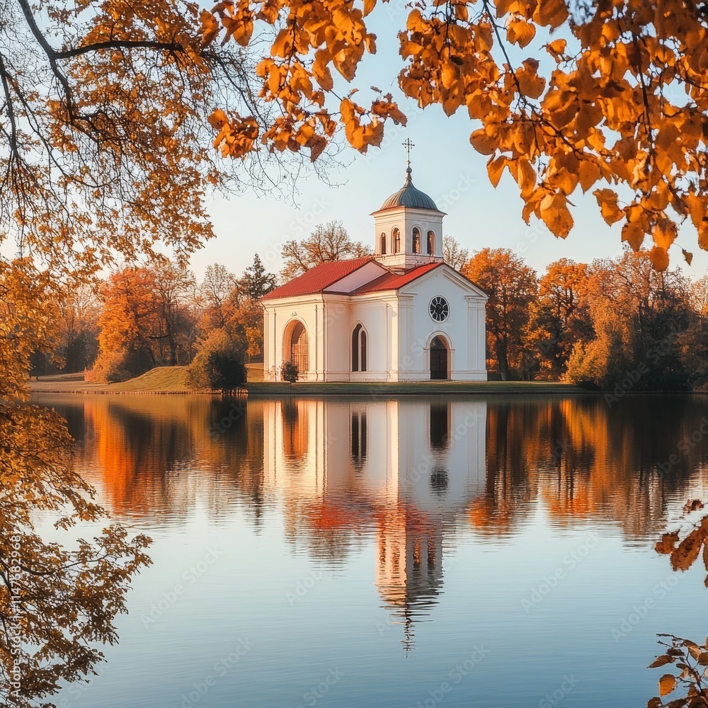 Fototapeta premium Autumn sunset by lake church