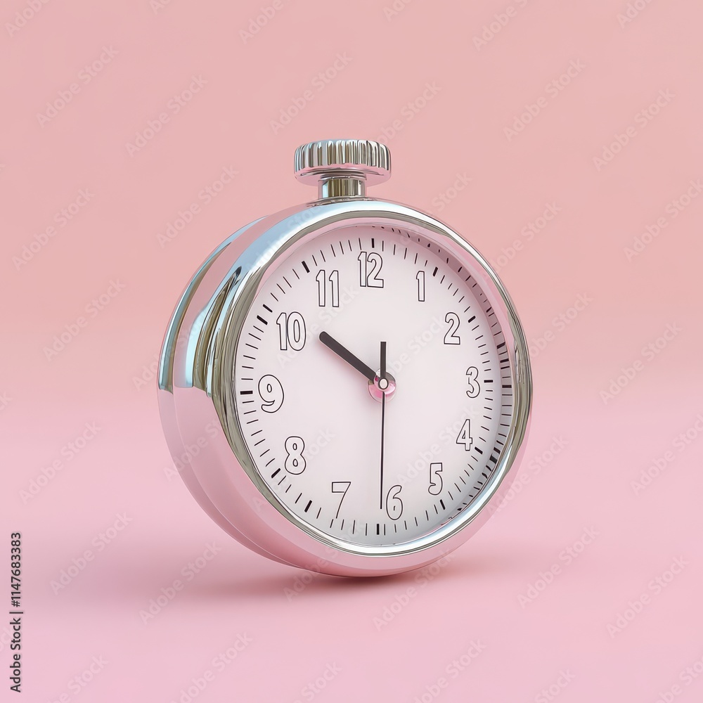A sleek silver stopwatch with a white face, elegantly placed against a soft pink background. A sleek silver stopwatch with a white face, elegantly placed against a soft pink background.