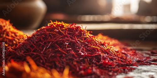 Moroccan saffron threads displayed in a pile on wood, creating a beautiful visual contrast. This image focuses on the intricate details of Moroccan saffron threads in a shallow depth of field.