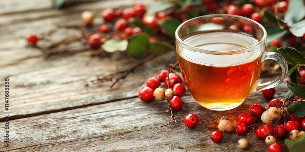 Herbal tea infused with fresh hawthorn berries rests on a wooden table, showcasing the vibrant colors and natural elements of the herbal tea and hawthorn berries in a cozy setting. Herbal tea infused with fresh hawthorn berries rests on a wooden table, showcasing the vibrant colors and natural elements of the herbal tea and hawthorn berries in a cozy setting.
