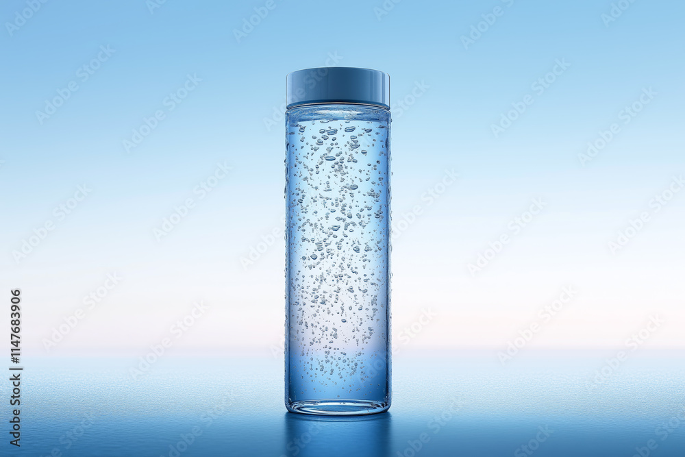 Clear Bottle with Water and Bubbles Against Gradient Background Clear Bottle with Water and Bubbles Against Gradient Background