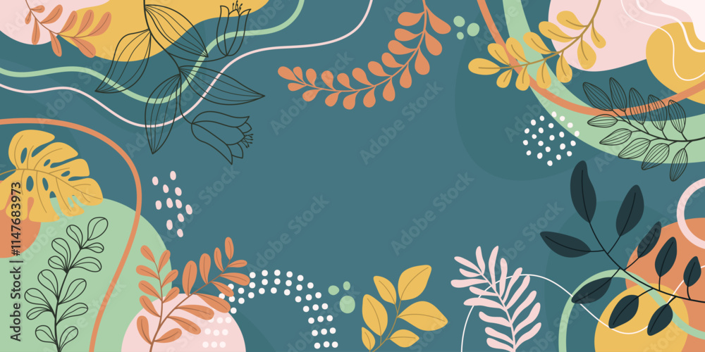 Naklejka premium Design banner frame spring background with beautiful for design. Colorful background with tropical plants.