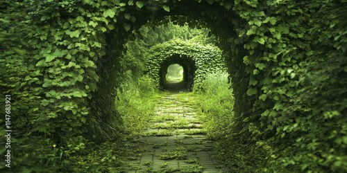 Overgrown garden path adorned with ivy creates a sense of mystery. This abandoned garden path features dense ivy growth, showcasing nature s reclamation of the once vibrant landscape. photo