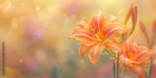 A soft focus captures an orange daylily flower in bloom, showcasing the vibrant beauty of the orange daylily in a serene garden setting during springtime.