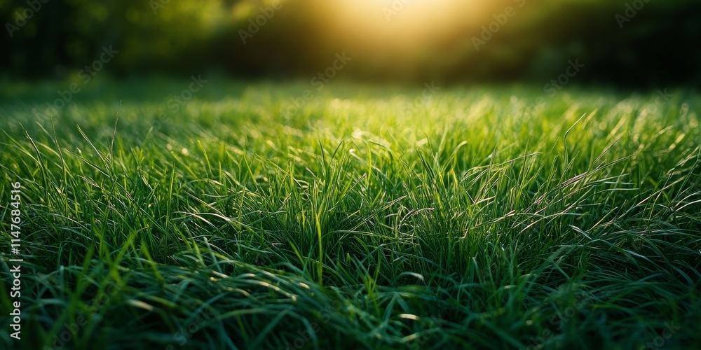 Fototapeta premium Lush green grass illuminated by the warm rays of the setting sun creates a serene and peaceful landscape, highlighting the beauty of green grass in the evening light.