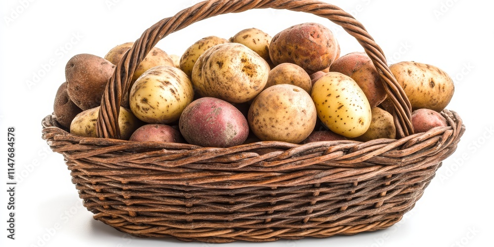 Basket filled with potatoes, showcasing a variety of textures and shapes, isolated on a white background. Perfect for highlighting the versatility and natural appeal of potatoes. Basket filled with potatoes, showcasing a variety of textures and shapes, isolated on a white background. Perfect for highlighting the versatility and natural appeal of potatoes.