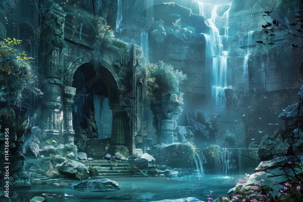 Ancient Ruins and Waterfall in a Lush, Mystical Forest