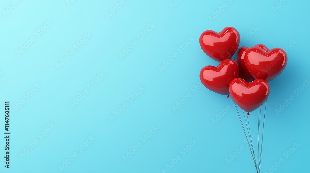 Red heart-shaped balloons floating on blue background Red heart-shaped balloons floating on blue background