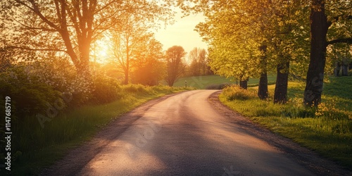 Paved road during spring season at sunset showcases the beauty of a local car road. This paved road is perfect for capturing the serene essence of spring evenings. Enjoy the sunset along this paved