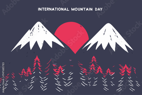Celebrating International Mountain Day with Scenic Winter Landscape and Red Sun Illustration