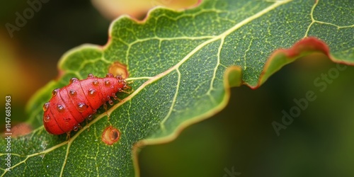 Red galls formed by a wasp larva on oak leaves provide unique protection. The striking red galls stand out, showcasing nature s fascinating adaptation for larval safety on oak leaves. photo