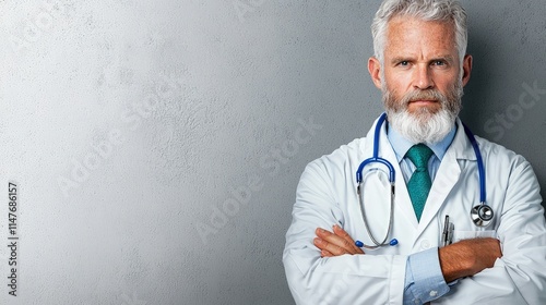 Serious mature male doctor with arms crossed, wearing a white coat and stethoscope against a grey background.