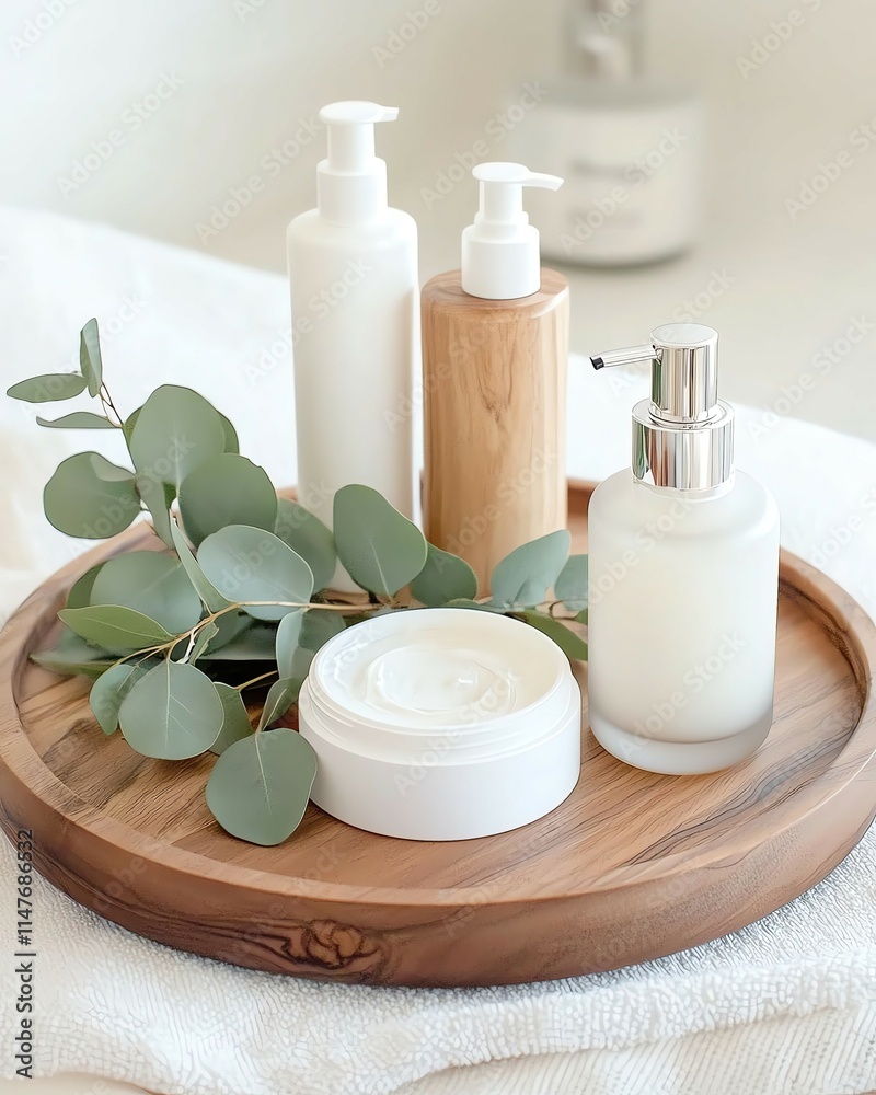 Sustainable Elegance in skincare Natural skincare products on a wooden tray. Sustainable Elegance in skincare Natural skincare products on a wooden tray.