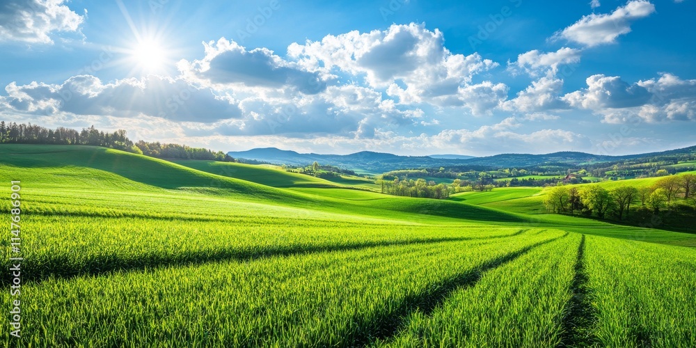 Naklejka premium Vibrant green fields and a bright blue sky create stunning rural landscapes. Experience the beauty of green fields and blue sky in this picturesque rural setting.
