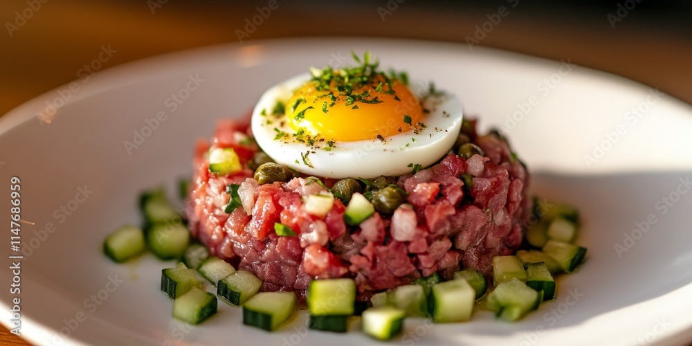 Beef steak tartare featuring egg, onion, cucumber, and capers offers a rich and flavorful culinary experience. This beef steak tartare dish is a delightful choice for gourmet food lovers. Beef steak tartare featuring egg, onion, cucumber, and capers offers a rich and flavorful culinary experience. This beef steak tartare dish is a delightful choice for gourmet food lovers.