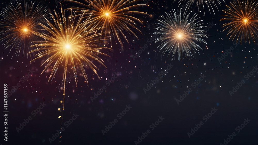 Obraz premium New Year background with fireworks, gold and silver confetti, and glowing streamers. A bright festive design with clear center space for text.