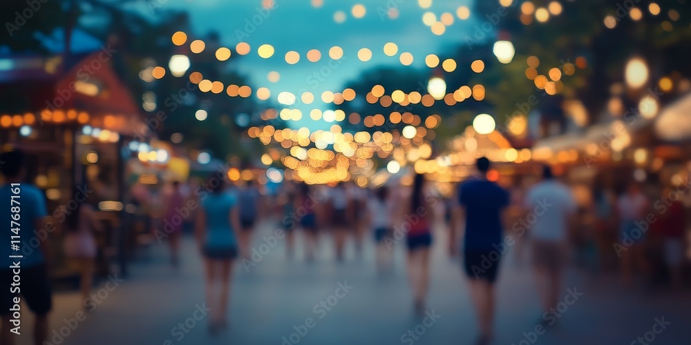 Blurred people walking and relaxing on a vibrant street at twilight. This scene captures the essence of a popular attraction and gathering place, enhanced by beautiful bokeh from festive lights. Blurred people walking and relaxing on a vibrant street at twilight. This scene captures the essence of a popular attraction and gathering place, enhanced by beautiful bokeh from festive lights.
