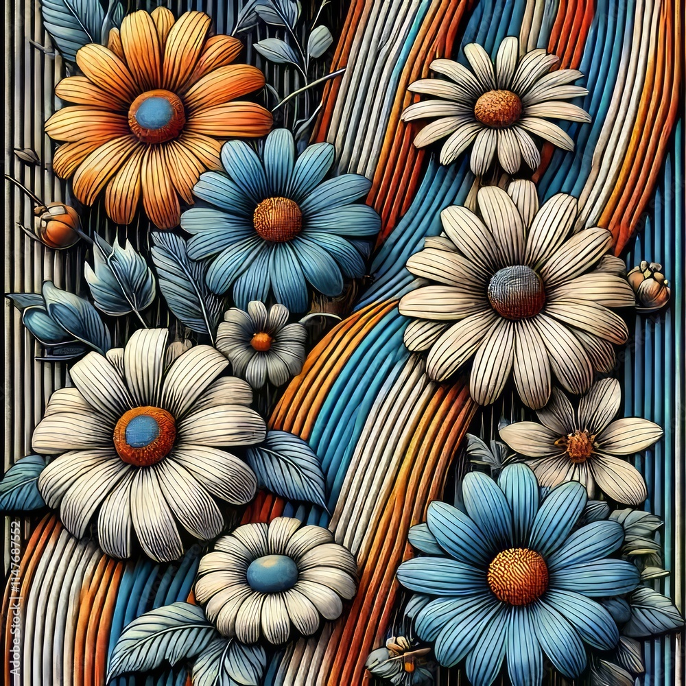 Obraz premium s Floral Pattern Bold bright daisies in psychedelic arrangements