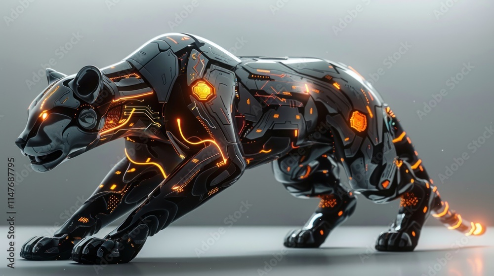 A futuristic robotic panther with glowing elements in a sleek, dynamic pose. A futuristic robotic panther with glowing elements in a sleek, dynamic pose.
