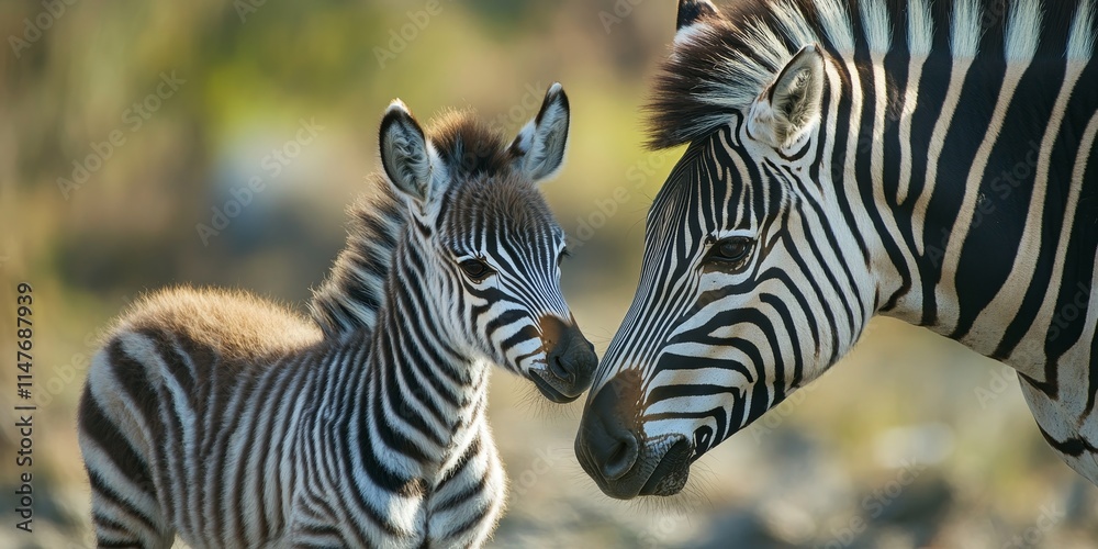 Fototapeta premium Zebra foal standing close to its mother, showcasing the adorable bond between the zebra foal and the nurturing presence of its mom, highlighting the beauty of this zebra foal interaction.