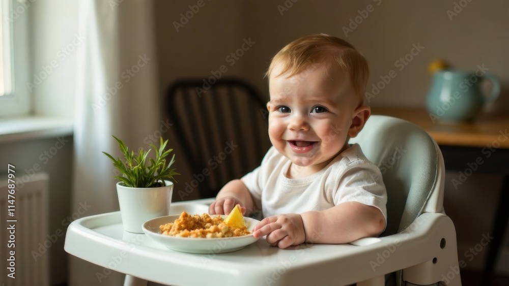 Smiling baby enjoying meal at high chair indoors during daytime Smiling baby enjoying meal at high chair indoors during daytime