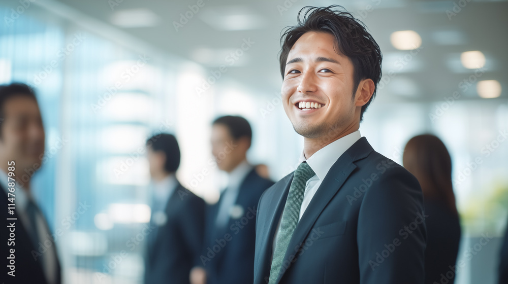Corporate leadership concept with a smiling executive in focus Corporate leadership concept with a smiling executive in focus