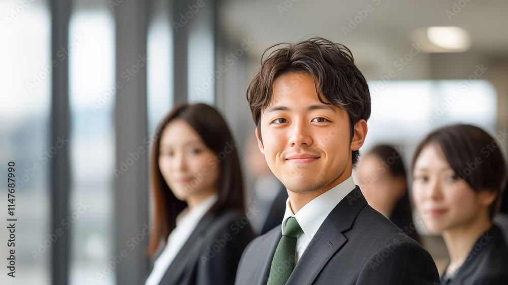 Corporate leadership concept with a smiling executive in focus Corporate leadership concept with a smiling executive in focus
