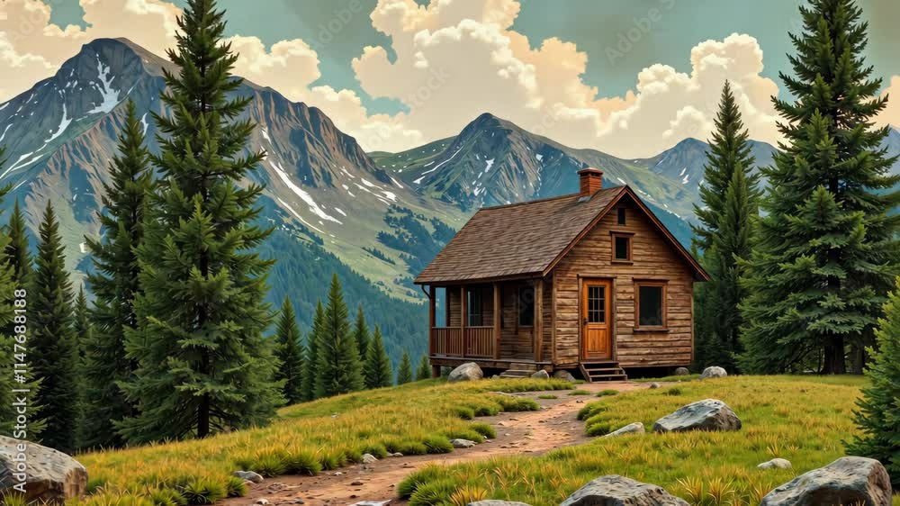 Cabin in the mountains surrounded by tall trees and rocky terrain in a serene landscape Cabin in the mountains surrounded by tall trees and rocky terrain in a serene landscape