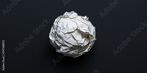 Crumpled paper ball displayed against a black background creates an intriguing visual. The crumpled paper ball s texture and shape add depth to the striking black background. photo