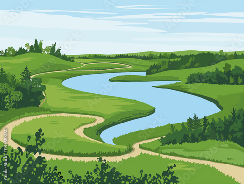 Curvaceous Oxbows in a Pristine Landscape: A River's Winding Tapestry Captured in Vector Art