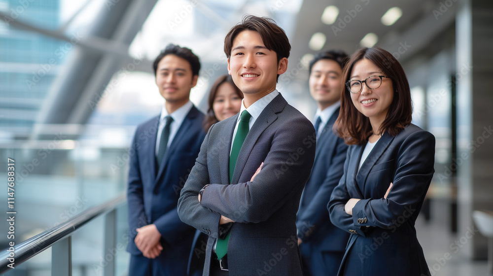 Corporate leadership concept with a smiling executive in focus Corporate leadership concept with a smiling executive in focus