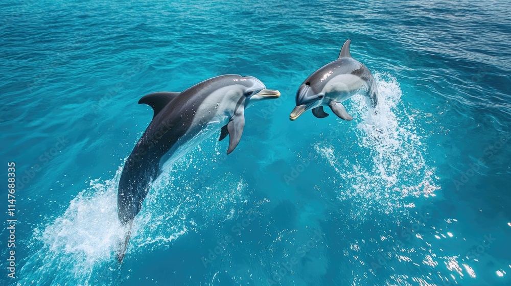 Naklejka premium Two dolphins leaping playfully in vibrant blue ocean water.