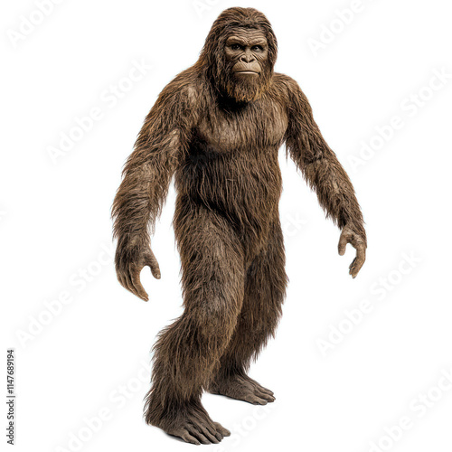 Realistic depiction of a mythical Bigfoot creature standing in an upright position against a plain background, showcasing detailed fur texture and features of this legendary cryptid. photo